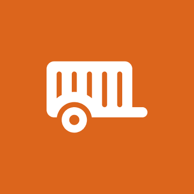 White icon of a trailer on an orange background.