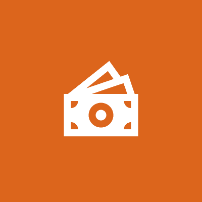 Icon of three paper currency notes stacked, depicted in white on an orange background.