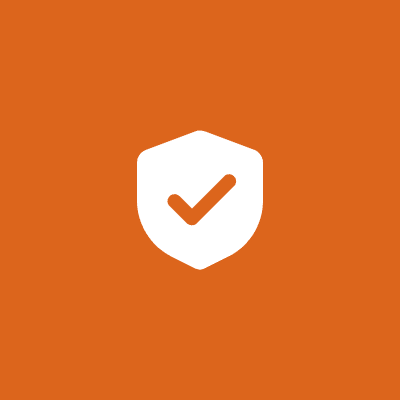 White shield with check mark on orange background.